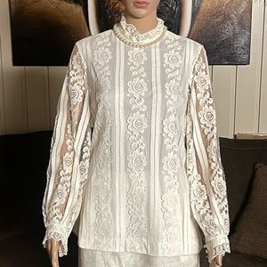 Alex Coleman California~1960’s Size 12 Ivory Victorian White Floral Lace Blouse
